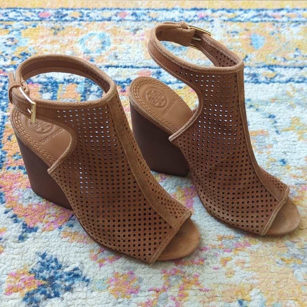 Tory Burch Jessie Perforated Suede Leather Peep Toe High Heel Booties Brown 6.5